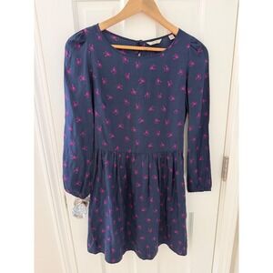 Jack Wills Navy Pink Silk Blend Floral Pheasant Print Fit Flare Dress US 4 UK 8